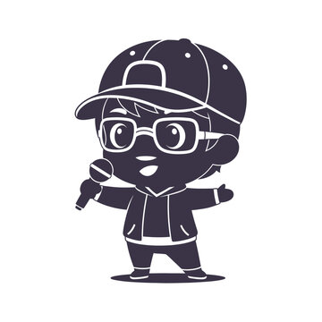 Cartoon character with microphone and hat.