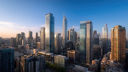 Obraz premium Modern Cityscape with Tall Skyscrapers at Sunrise.