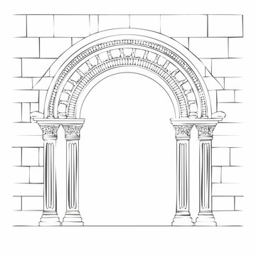 Romanesque Archway with Columns and Brick Wall Illustration