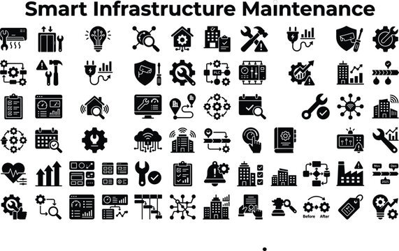 Smart infrastructure maintenance icon set with utilities monitoring repair analytics buildings IoT systems editable vector collection technology management