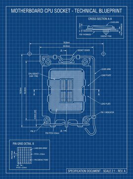 Detailed technical blueprint of a motherboard CPU socket and components