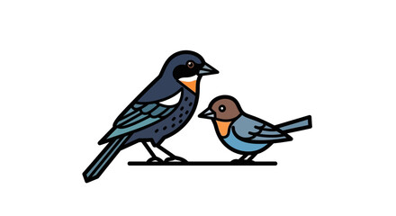 Obraz premium Two Colorful Birds Perched Together on a Branch, Simple Illustration.