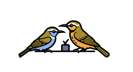 Fototapeta premium Two Colorful Birds Perched Together on a Branch with a Small Object.