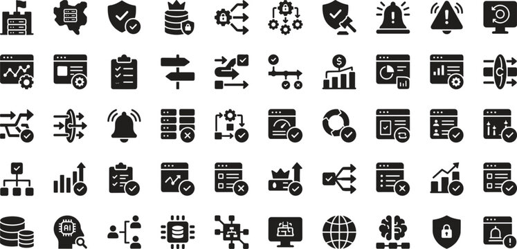 Risk management analytics line icon set with monitoring alerts workflow security compliance dashboard editable outline vector collection business systems