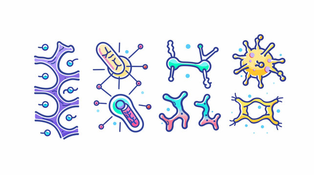 Colorful illustrated representations of various microscopic cells and biological structures