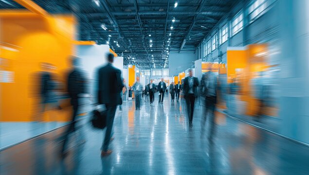 Blurred motion of business people walking in a convention center hallway.