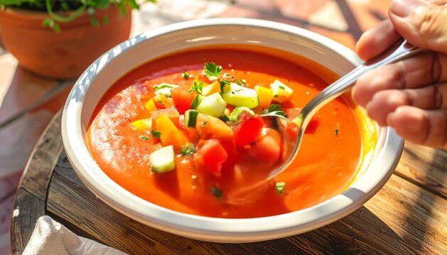Cold Tomato Gazpacho Soup Garnished with Chopped Vegetables and Herbs