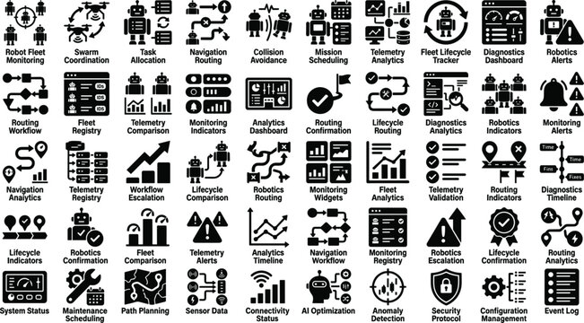 Robotics fleet analytics icon set with telemetry routing diagnostics monitoring automation lifecycle editable vector collection industrial robotics management systems