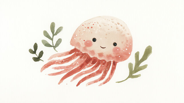 cute watercolor illustration, cute cartoon jellyfish with flowing tentacles