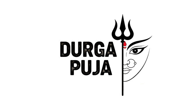 Durga puja festival logo with goddess face and trident PNG isolated on transparent background