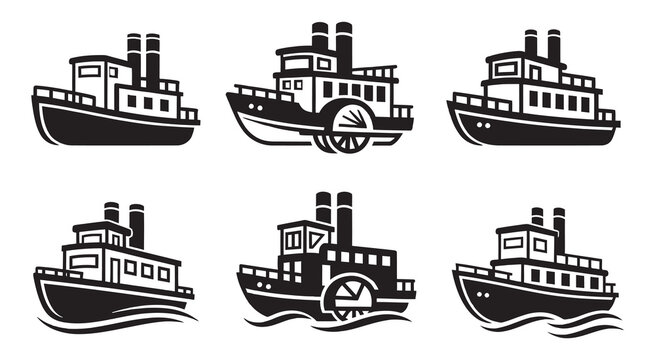 Collection of steamboat and paddle steamer icons isolated on white background flat design.