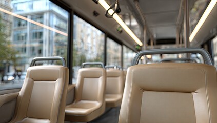Obraz premium Interior View of Empty Bus Seats with City View Through Windows.