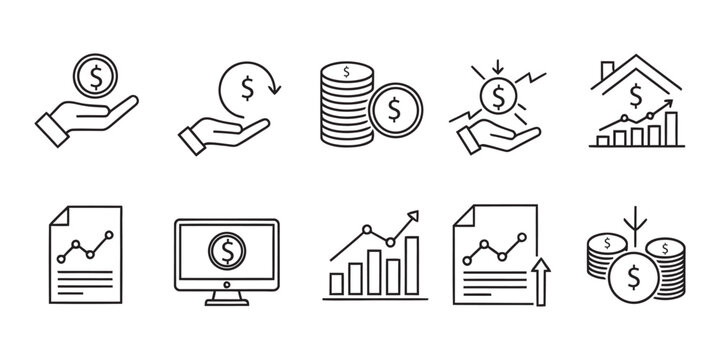 Set of business and finance icons featuring dollar sign charts and growth growth graphs.