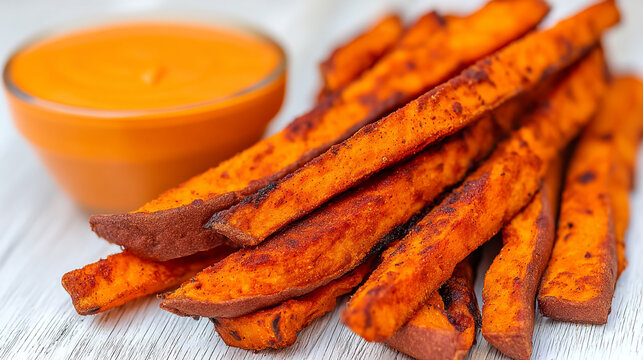 Crispy sweet potato fries with a bowl of orange dipping sauce side dish root vegetable