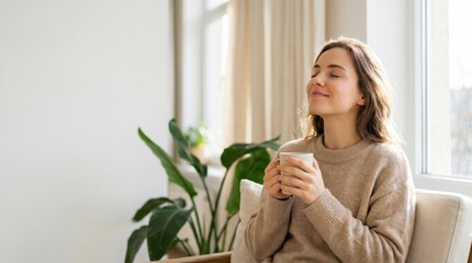 Fototapeta premium Serious young woman holding cup of hot tea in cozy home feeling peaceful and happy at relaxing weekend morning at living room