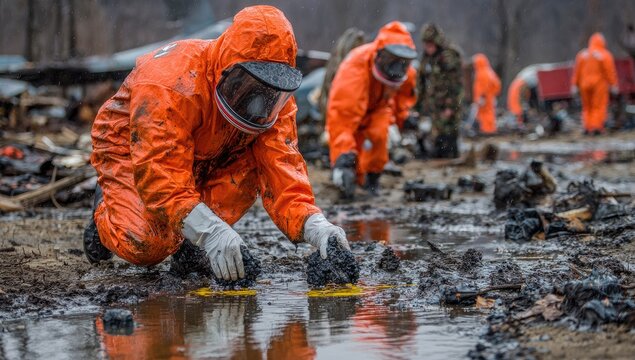 Hazmat Team Members in Orange Suits Conduct Environmental Cleanup Operation.