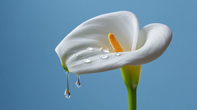 White calla lily droplets glisten against clear blue background. Soft petals curve gently with dewy clarity. Single drop hangs, poised to fall gracefully