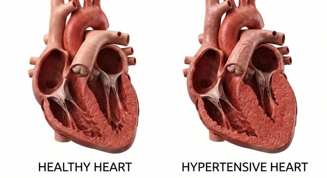 Arterial hypertension heart comparison anatomy rendering showing significant left ventricular hypertrophy thickening muscle wall representing chronic cardiovascular pathology clinical science