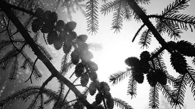 Black and white view from below of a pine tree branch with pinecones silhouetted against the bright sky