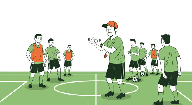 Soccer Coach Training Young Players on Field with Ball
