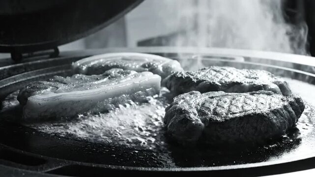 Black and white video of various cuts of meat sizzling on a hot griddle with steam