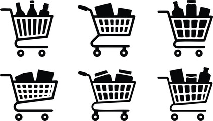 Black and white shopping cart icons with various products  grocery shopping cart symbols © Shahin Stock