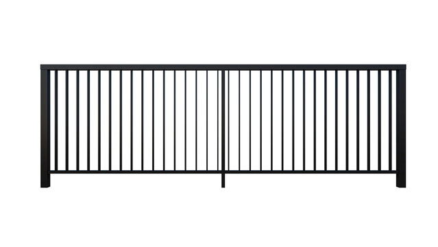 Black metal vertical fence segment on transparent background modern architectural element for exterior home.