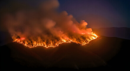Fototapeta na wymiar Wildfire burning on mountain ridge at night, intense forest fire with glowing orange flames and smoke, natural disaster in mountain landscape