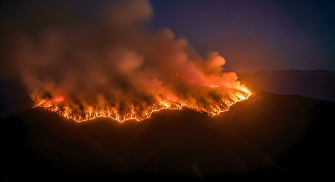 Wildfire burning on mountain ridge at night, intense forest fire with glowing orange flames and smoke, natural disaster in mountain landscape