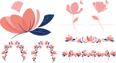 Elegant pink magnolia flowers and floral borders decorative botanical vector illustration set © Monir