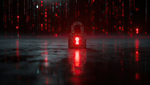 Digital Lock Security Concept with Red Matrix Code Background.