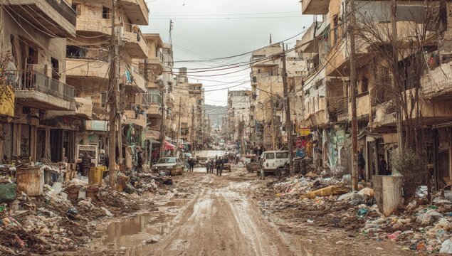 Devastated City Street After Conflict Shows Widespread Destruction and Debris.