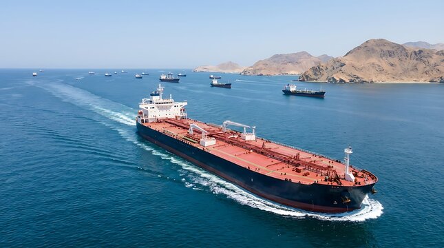 Massive oil tanker navigates azure waters leaving a white wake near a coastal mountain range