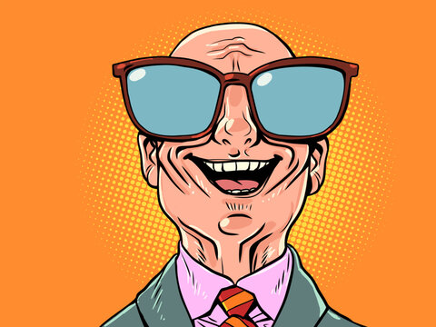 A joyful bald businessman. A contented company boss. A happy man with empty glasses.