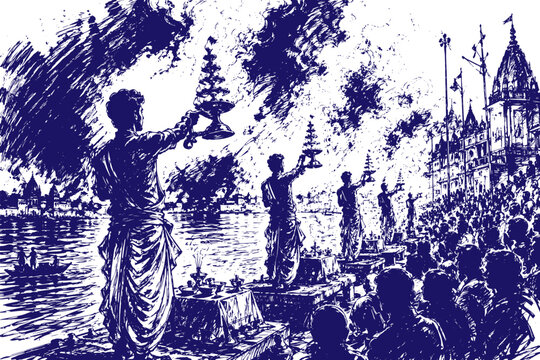 Ganga Aarti Monochrome Sketch at Varanasi Ghats Traditional Hindu Ritual Spiritual India
