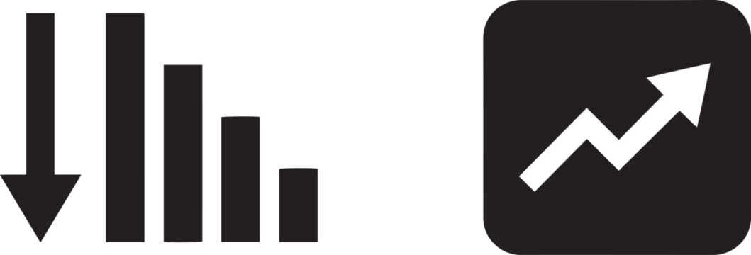 Flat vector icon set featuring a declining bar chart with downward arrow and a rising line graph representing market volatility and growth