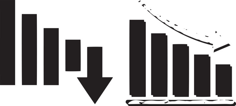Flat vector icon set featuring bar charts with downward arrows representing financial loss business recession negative market growth and economic data decline