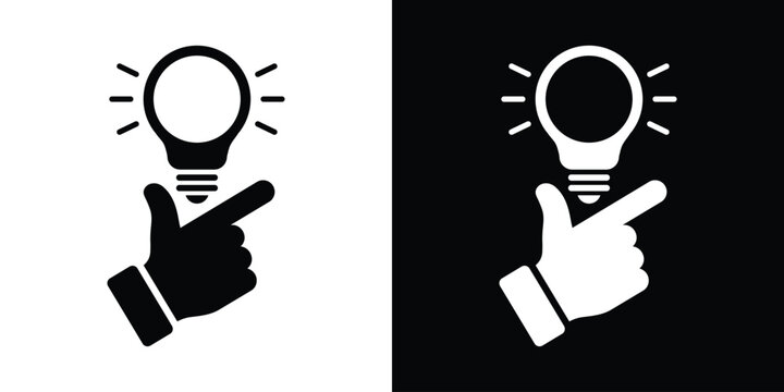 Vector icon depicting a hand gesture activating a glowing lightbulb. Represents sudden inspiration, a lightbulb moment, quick creative ideas, achieving success, and smart, fast thinking.