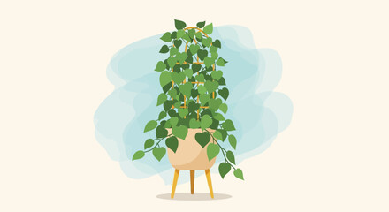 A vibrant philodendron plant in a terracotta pot stands against a soft abstract blue backdrop © Shakil