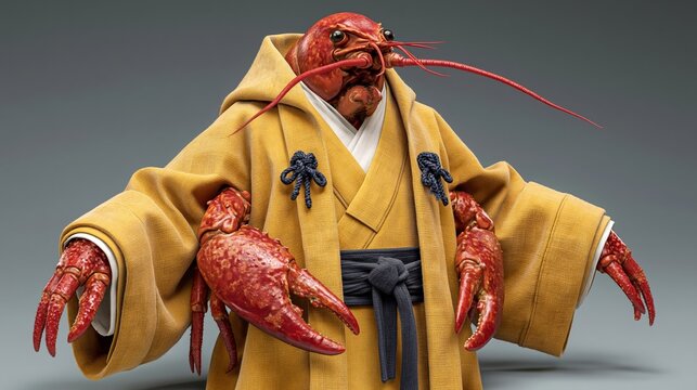 Red lobster dons yellow robe with black sash. Claws grip sides, antennae extend forward. Pose suggests calm authority or ritualistic stance. Ideal for fantasy, humor, or cultural parody scenes