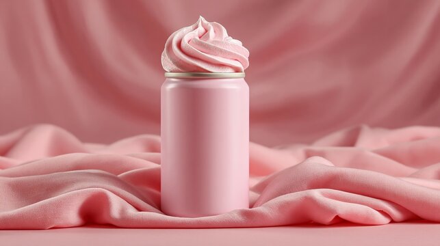 Soft pink can holds whipped cream swirl. Lush fabric draped behind adds gentle texture. Warm tones evoke comfort and indulgence. Perfect for beauty, spa, or dessert branding