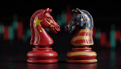Naklejka premium China and EU Chess Knights Symbolizing Trade War and Geopolitical Strategy.