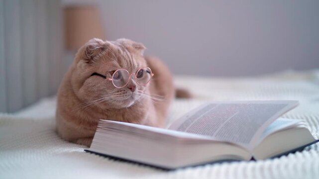 Cat wearing glasses reading a book on a soft bed, cozy home setting, relaxation and education concept, suitable for articles on pets, literature, distant education, online courses promotion