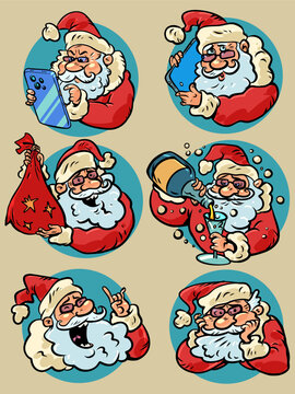 Different faces of Santa Claus for Christmas. Six different Santa Claus stickers. Special offers for customers during the holidays.