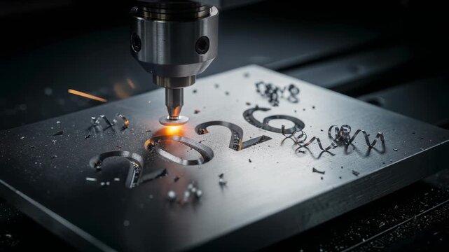 Close up of laser engraving machine etching 2023 into metal plate with sparks in high resolution