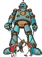 Fototapeta premium AI control over humanity. Robots keep people in chains. Jobs are being replaced by artificial intelligence.