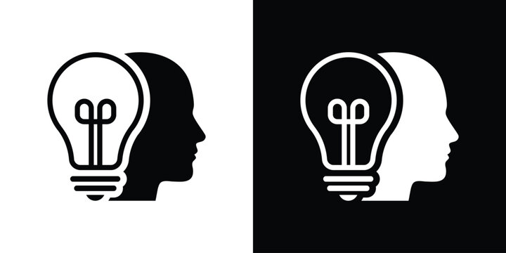 Minimalist icon of a human head silhouette containing a glowing lightbulb. Symbolizes creativity, deep thinking, insight, brainstorming, mental clarity, and intellectual development for education.