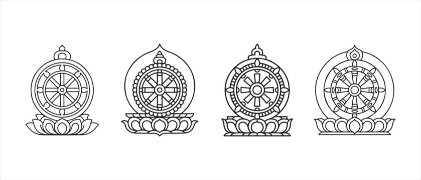 Buddhist Dharma Wheel Symbols. Line Art Set on White Background - Dharmachakra Iconography.