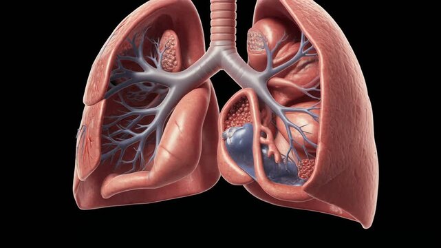 Detailed 3D animation of human lungs expanding and contracting with clear breathing motion in 4K