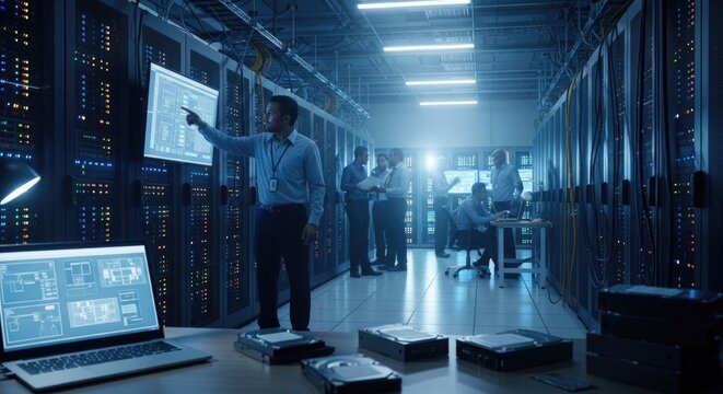 Data Center Server Racks with Glowing Indicators and Blue Lighting